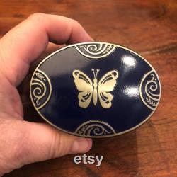 Antique c. 1928 Art Deco Lucretia Vanderbilt Cobalt Blue and Silver Metal Butterfly Footed Face Powder Box New York Vintage 30's Cosmetics