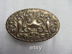 Antique cut crystal and brass toiletries bottle with Green Man, birds etc repousse top. c1905. Dressing table decor Ref AV