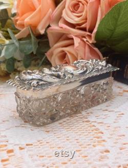 Antique cut-glass and solid sterling silver vanity trinket box Edwardian 1901 Art nouveaux Dressing Table Jar. FREE shipping and gift box