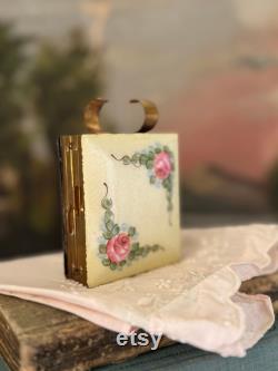 Antique floral enamel and brass powder makeup compact hand painted flowers square double sided with lipstick holder 3x2.5