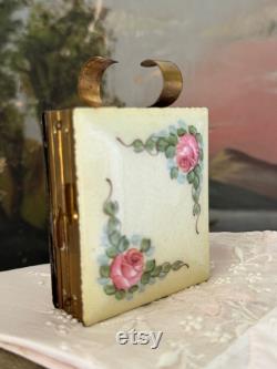 Antique floral enamel and brass powder makeup compact hand painted flowers square double sided with lipstick holder 3x2.5