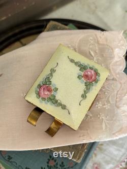 Antique floral enamel and brass powder makeup compact hand painted flowers square double sided with lipstick holder 3x2.5