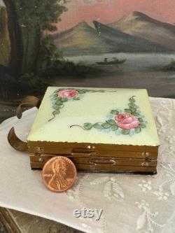 Antique floral enamel and brass powder makeup compact hand painted flowers square double sided with lipstick holder 3x2.5