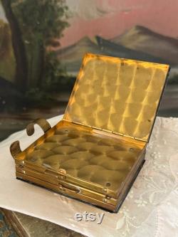 Antique floral enamel and brass powder makeup compact hand painted flowers square double sided with lipstick holder 3x2.5