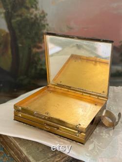 Antique floral enamel and brass powder makeup compact hand painted flowers square double sided with lipstick holder 3x2.5