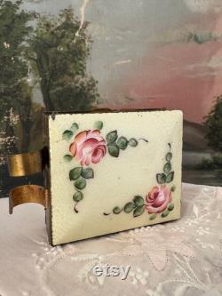 Antique floral enamel and brass powder makeup compact hand painted flowers square double sided with lipstick holder 3x2.5