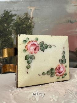 Antique floral enamel and brass powder makeup compact hand painted flowers square double sided with lipstick holder 3x2.5