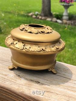 Antique footed dresser jar featuring water lilies and lily pads, lotus flowers, beautiful