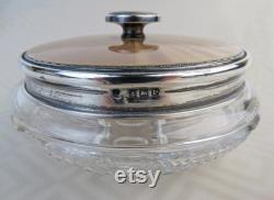 Antique gold foil enamel sterling silver Birmingham England 1939 covered vanity dresser jar with mirror in the lid