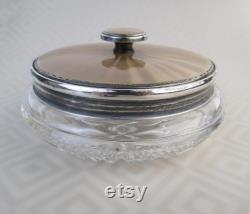 Antique gold foil enamel sterling silver Birmingham England 1939 covered vanity dresser jar with mirror in the lid