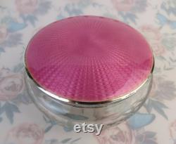 Antique large pink guilloché sterling silver covered floral and ribbons etched crystal vanity dresser jar