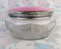 Antique large pink guilloché sterling silver covered floral and ribbons etched crystal vanity dresser jar