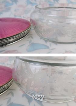 Antique large pink guilloché sterling silver covered floral and ribbons etched crystal vanity dresser jar