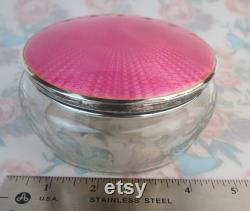 Antique large pink guilloché sterling silver covered floral and ribbons etched crystal vanity dresser jar