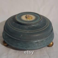Antique metal domed vanity dresser box colonial man woman cameo photo lid divided clear glass dish insert jewelry trinket storage wood feet