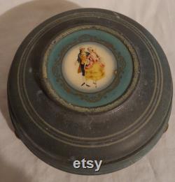 Antique metal domed vanity dresser box colonial man woman cameo photo lid divided clear glass dish insert jewelry trinket storage wood feet