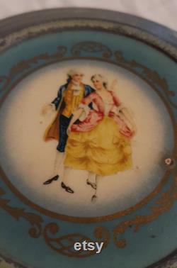 Antique metal domed vanity dresser box colonial man woman cameo photo lid divided clear glass dish insert jewelry trinket storage wood feet