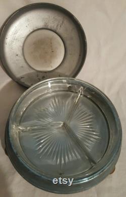 Antique metal domed vanity dresser box colonial man woman cameo photo lid divided clear glass dish insert jewelry trinket storage wood feet