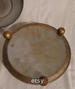 Antique metal domed vanity dresser box colonial man woman cameo photo lid divided clear glass dish insert jewelry trinket storage wood feet