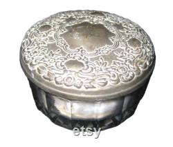Antique powder box jar, thick clear glass, ornate gray metal lid, with powder puff, mid century 30 40s 50s, decorative bathroom bedroom jar