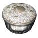 Antique powder box jar, thick clear glass, ornate gray metal lid, with powder puff, mid century 30 40s 50s, decorative bathroom bedroom jar