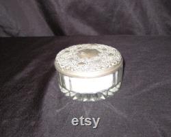 Antique powder box jar, thick clear glass, ornate gray metal lid, with powder puff, mid century 30 40s 50s, decorative bathroom bedroom jar