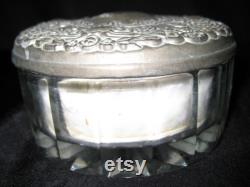 Antique powder box jar, thick clear glass, ornate gray metal lid, with powder puff, mid century 30 40s 50s, decorative bathroom bedroom jar