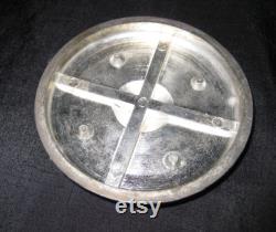 Antique powder box jar, thick clear glass, ornate gray metal lid, with powder puff, mid century 30 40s 50s, decorative bathroom bedroom jar