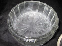Antique powder box jar, thick clear glass, ornate gray metal lid, with powder puff, mid century 30 40s 50s, decorative bathroom bedroom jar