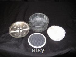 Antique powder box jar, thick clear glass, ornate gray metal lid, with powder puff, mid century 30 40s 50s, decorative bathroom bedroom jar