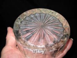 Antique powder box jar, thick clear glass, ornate gray metal lid, with powder puff, mid century 30 40s 50s, decorative bathroom bedroom jar