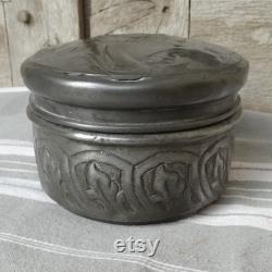 Antique powder pot Art nouveau pewter powder container and puff French pewter poudrier Dressing table decor Pewter powder box with lady's face