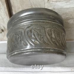 Antique powder pot Art nouveau pewter powder container and puff French pewter poudrier Dressing table decor Pewter powder box with lady's face