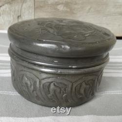 Antique powder pot Art nouveau pewter powder container and puff French pewter poudrier Dressing table decor Pewter powder box with lady's face