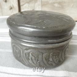 Antique powder pot Art nouveau pewter powder container and puff French pewter poudrier Dressing table decor Pewter powder box with lady's face