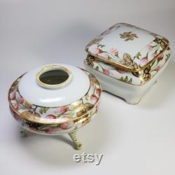 Antique pre-1921 Nippon footed Hair Receiver and Powder Dish Trinket Box Hand painted Porcelain Vanity set Japan