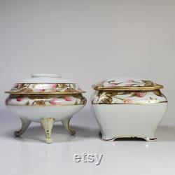 Antique pre-1921 Nippon footed Hair Receiver and Powder Dish Trinket Box Hand painted Porcelain Vanity set Japan