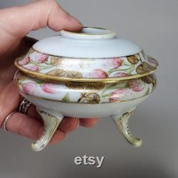 Antique pre-1921 Nippon footed Hair Receiver and Powder Dish Trinket Box Hand painted Porcelain Vanity set Japan