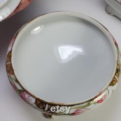 Antique pre-1921 Nippon footed Hair Receiver and Powder Dish Trinket Box Hand painted Porcelain Vanity set Japan