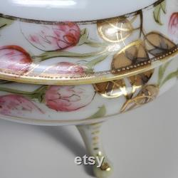 Antique pre-1921 Nippon footed Hair Receiver and Powder Dish Trinket Box Hand painted Porcelain Vanity set Japan