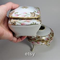 Antique pre-1921 Nippon footed Hair Receiver and Powder Dish Trinket Box Hand painted Porcelain Vanity set Japan