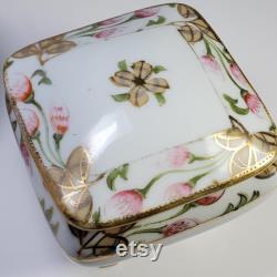 Antique pre-1921 Nippon footed Hair Receiver and Powder Dish Trinket Box Hand painted Porcelain Vanity set Japan