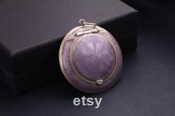 Antique silver compact or pendant with a mirror. Russian silver 84 zolotniks. Purple guilloche enamel. Russian Empire.