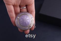 Antique silver compact or pendant with a mirror. Russian silver 84 zolotniks. Purple guilloche enamel. Russian Empire.