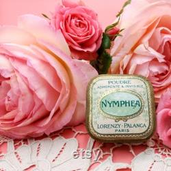 Antique small French face powder box, Nymphea, Lorenzy Palanca, Paris, aqua green boudoir collectible antique face powder cardboard box