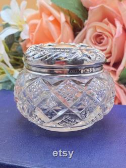 Antique solid sterling silver lidded cut-glass vanity jar powder pot Art nouveaux Edwardian. VGC Hallmarked 1902. FREE shipping and gift box