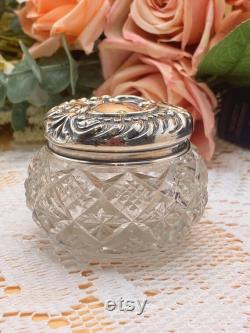 Antique solid sterling silver lidded cut-glass vanity jar powder pot Art nouveaux Edwardian. VGC Hallmarked 1902. FREE shipping and gift box