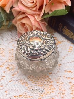 Antique solid sterling silver lidded cut-glass vanity jar powder pot Art nouveaux Edwardian. VGC Hallmarked 1902. FREE shipping and gift box