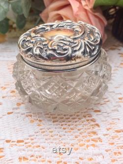 Antique solid sterling silver lidded cut-glass vanity jar powder pot Art nouveaux Edwardian. VGC Hallmarked 1902. FREE shipping and gift box