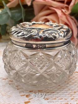 Antique solid sterling silver lidded cut-glass vanity jar powder pot Art nouveaux Edwardian. VGC Hallmarked 1902. FREE shipping and gift box